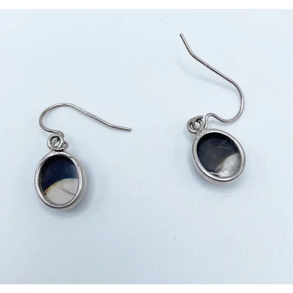 Sterling Silver Jasper Earrings Black White Dangle 1" - Picture 5 of 8